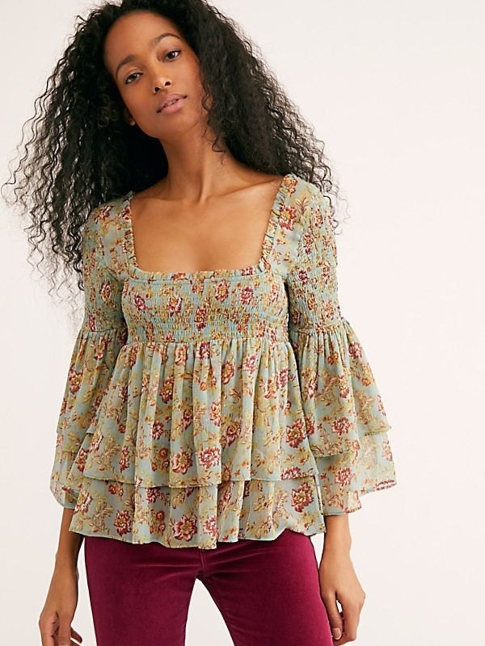 FREE PEOPLE Golden Age Printed Top Smocked Shirt in Green Blue Floral Chiffon S